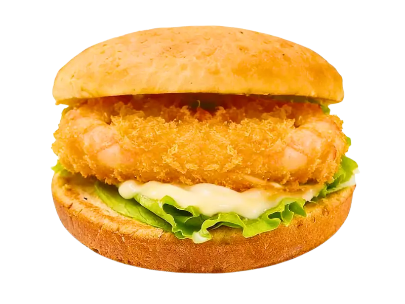 Burger with crispy prawn patty, lettuce and cream at Crispy Kingdom, a Fast Food Restaurant in Schenectady