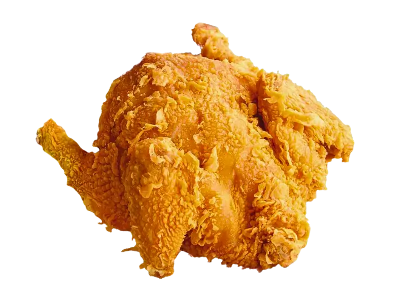 Whole crispy fried chicken with crunchy coating at Crispy Kingdom, a Fast Food Restaurant in Schenectady